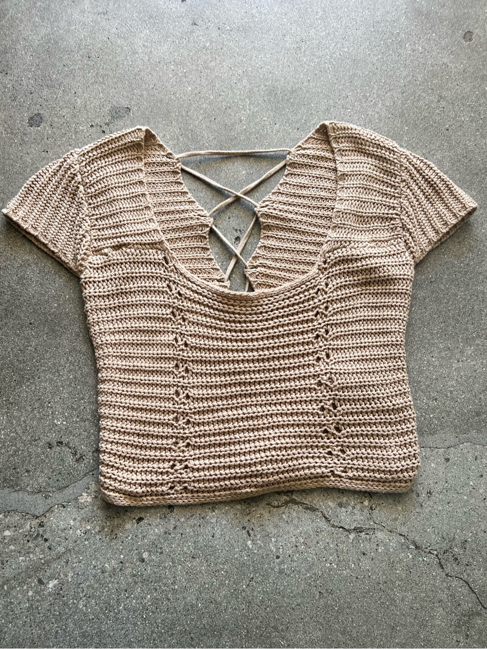 Crochet Crisscross Back Short-Sleeve Top - Taupe